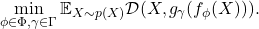 \begin{equation*} \min_{\phi \in \Phi, \gamma \in \Gamma} \mathbb{E}_{X \sim p(X)} \mathcal{D}(X,g_\gamma (f_\phi(X))). \end{equation*}