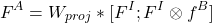 \begin{equation*} F^A = W_{proj} * [F^I; F^I\otimes f^B] \end{equation*}