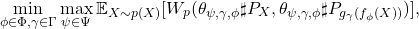 \begin{equation*} \min_{\phi \in \Phi,\gamma \in \Gamma}\max_{ \psi \in \Psi}\mathbb{E}_{X \sim p(X)}[W_p(\theta_{\psi,\gamma,\phi}\sharp P_X,\theta_{\psi,\gamma,\phi} \sharp P_{g_\gamma (f_\phi(X))})], \end{equation*}