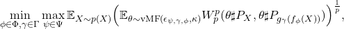 \begin{equation*} \min_{\phi \in \Phi,\gamma \in \Gamma}\max_{ \psi \in \Psi}\mathbb{E}_{X \sim p(X)} \Big(\mathbb{E}_{\theta \sim \text{vMF}(\epsilon_{\psi,\gamma,\phi},\kappa)} W_p^p(\theta \sharp P_X,\theta \sharp P_{g_\gamma (f_\phi(X))})\Big)^{\frac{1}{p}}, \end{equation*}