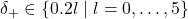 \delta_+ \in \{0.2l \; | \; l = 0, \ldots, 5\}